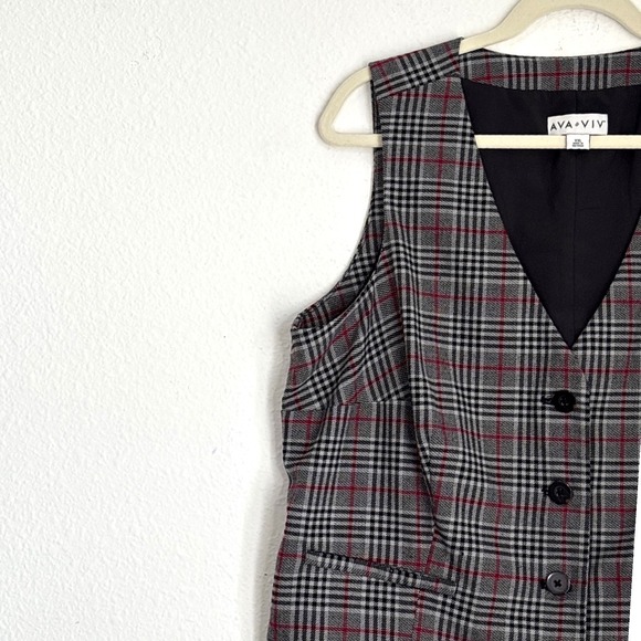 Plaid Vest Women's XXL Sleeveless Button Up Blazer Top Gray Red Dark Academia - Picture 6 of 12